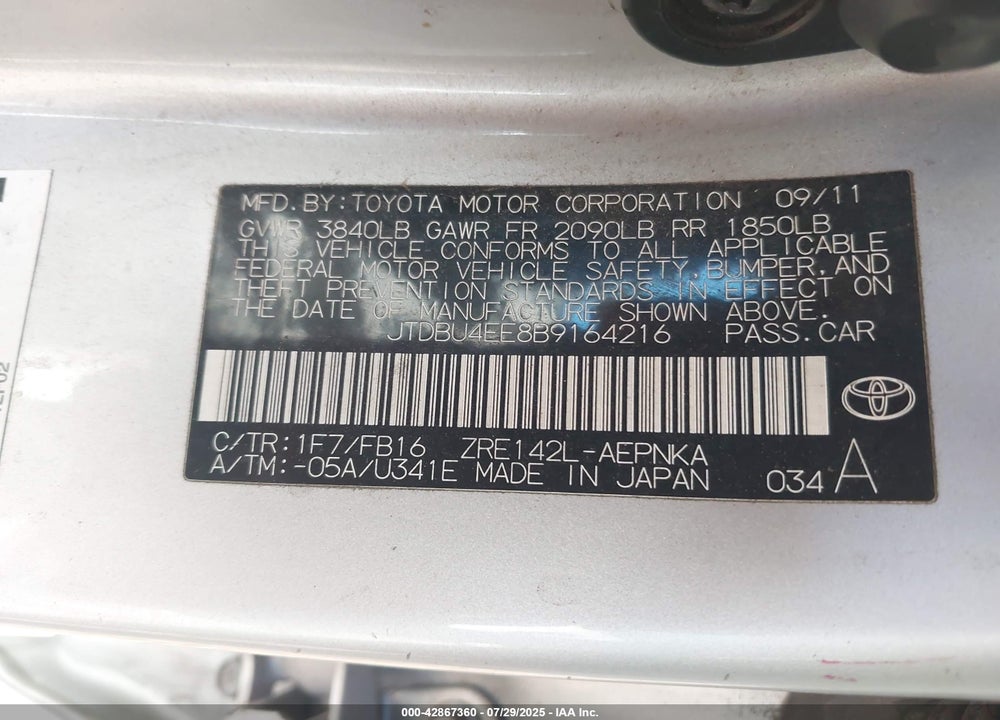 2011 TOYOTA COROLLA VIN: JTDBU4EE8B9164216