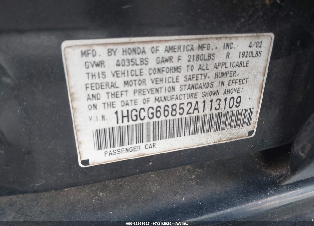2002 HONDA ACCORD 2.3 EX/2.3 SE VIN: 1HGCG66852A113109