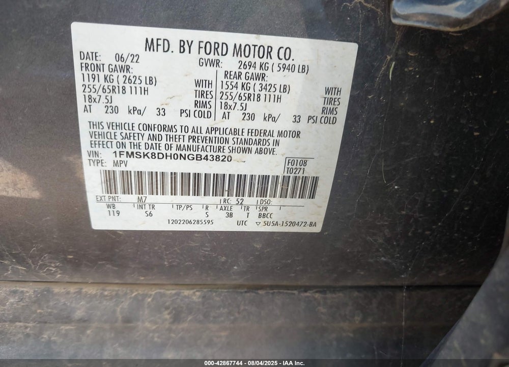 2022 FORD EXPLORER VIN: 1FMSK8DH0NGB43820