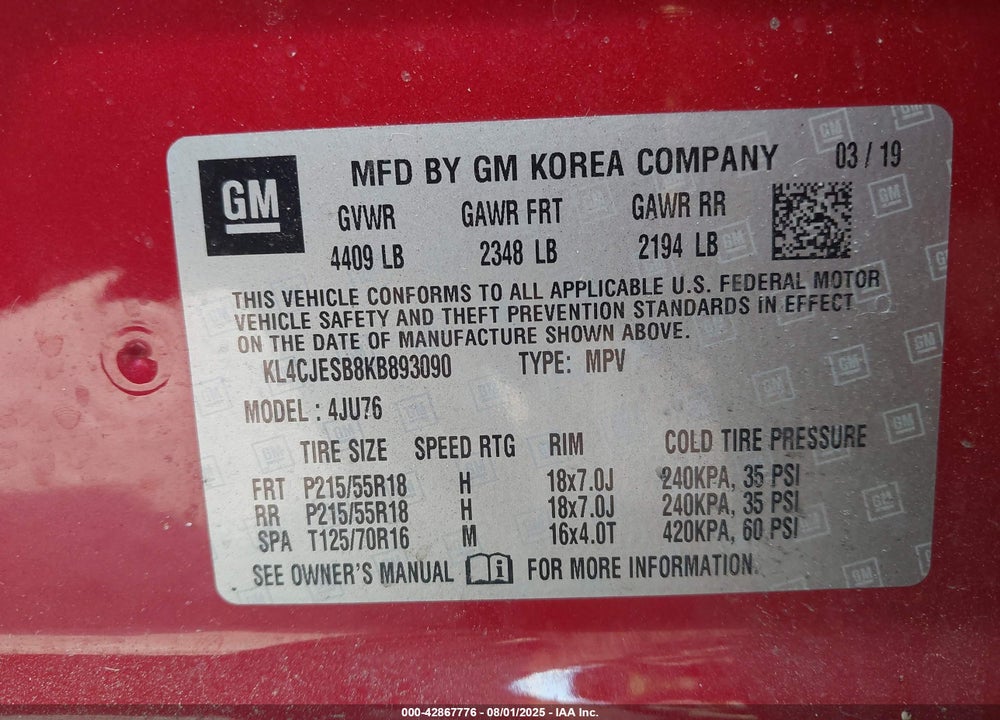 2019 BUICK ENCORE VIN: KL4CJESB8KB893090
