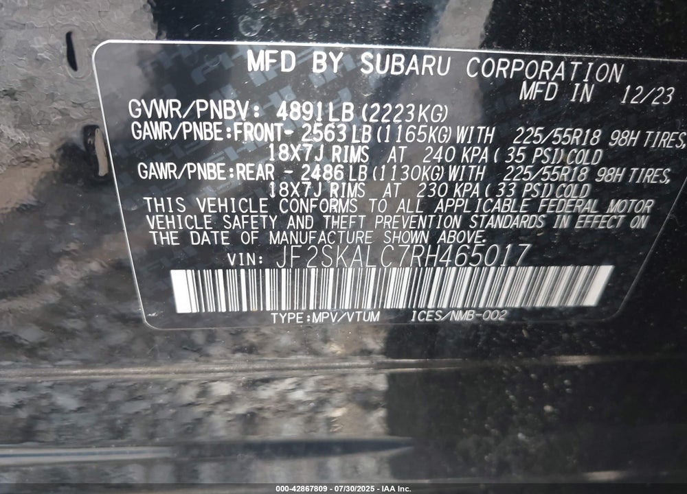 2024 SUBARU FORESTER LIMITED VIN: JF2SKALC7RH465017