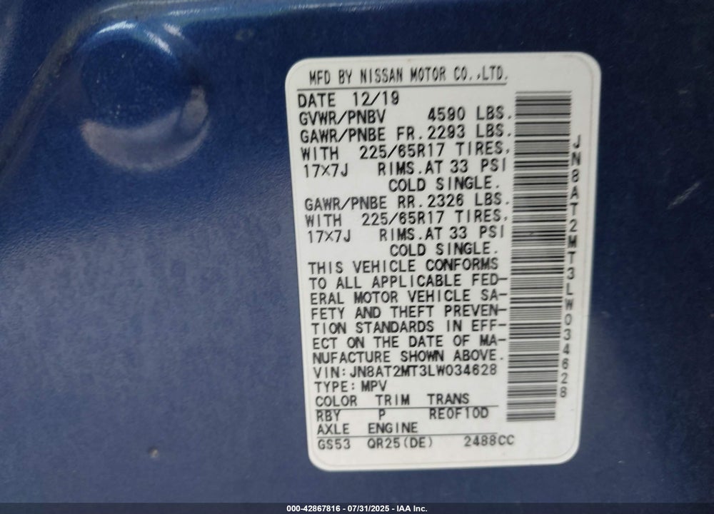2020 NISSAN ROGUE VIN: JN8AT2MT3LW034628