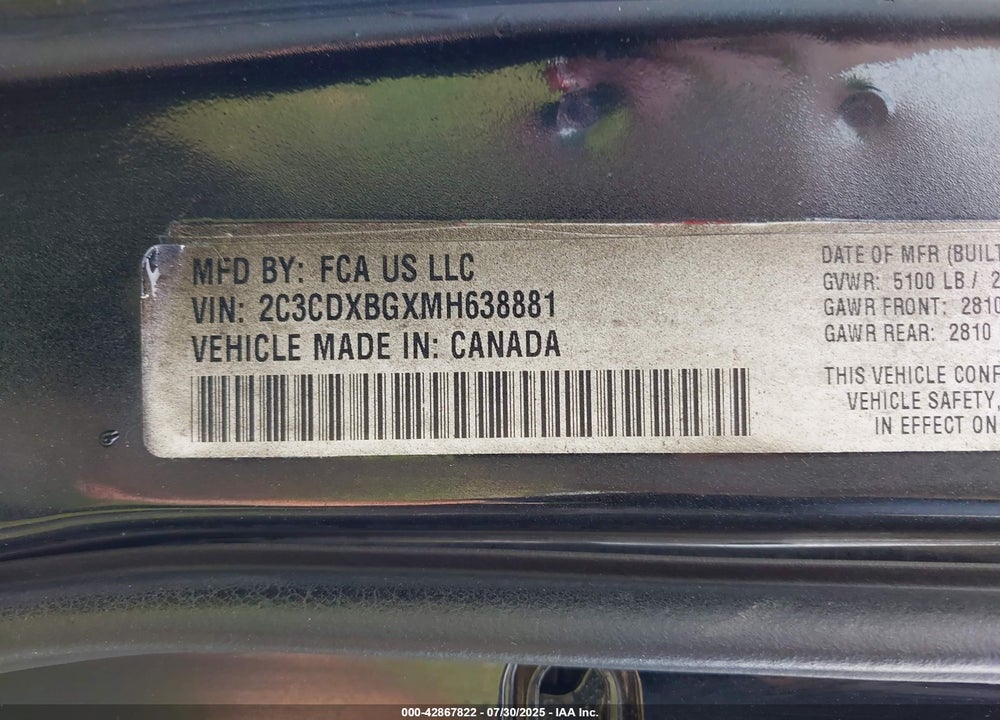 2021 DODGE CHARGER VIN: 2C3CDXBGXMH638881