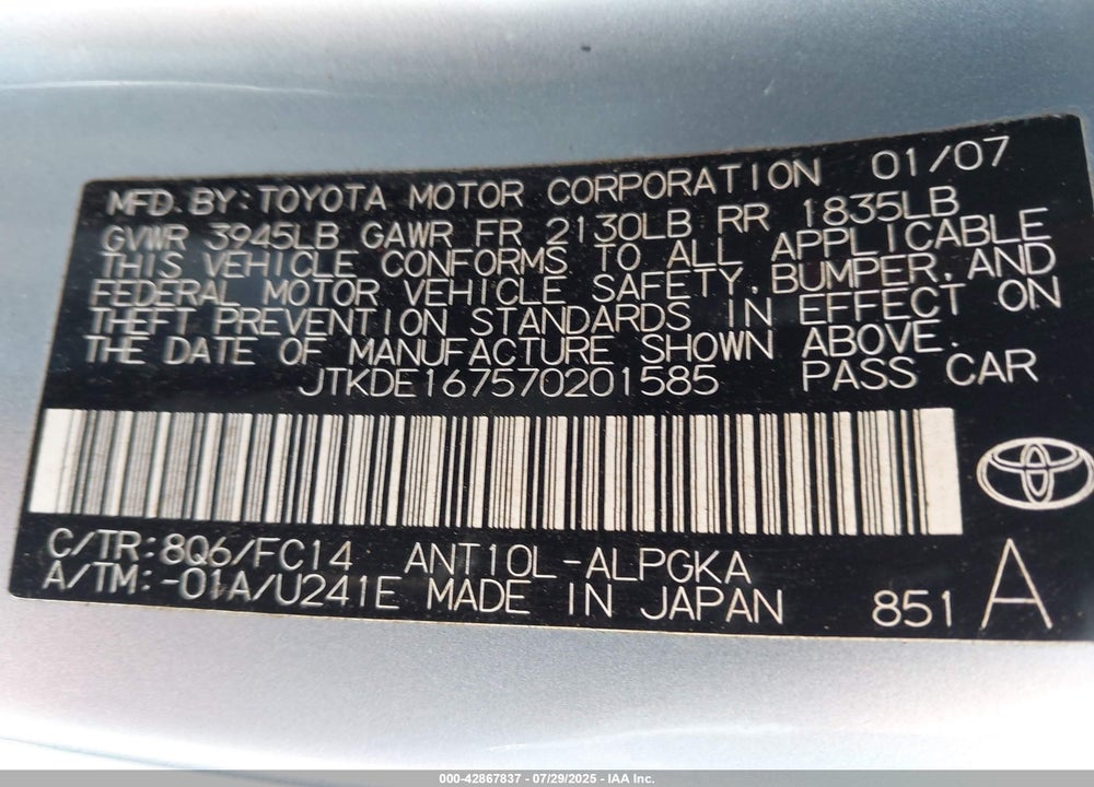2007 SCION TC VIN: JTKDE167570201585