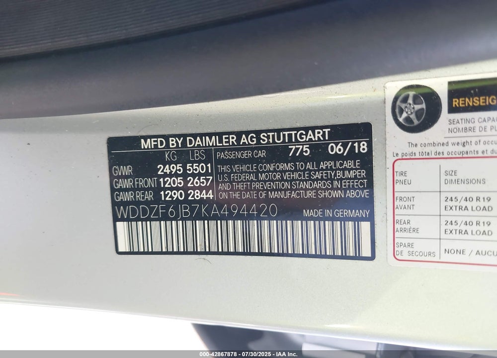 2019 MERCEDES-BENZ E-CLASS VIN: WDDZF6JB7KA494420