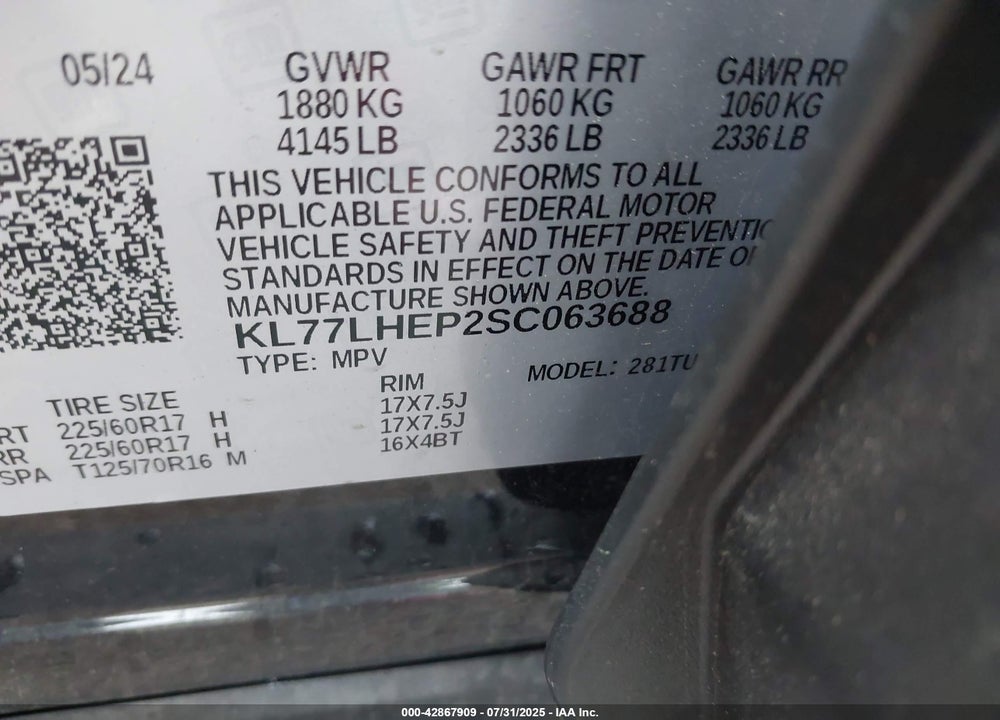 2025 CHEVROLET TRAX VIN: KL77LHEP2SC063688