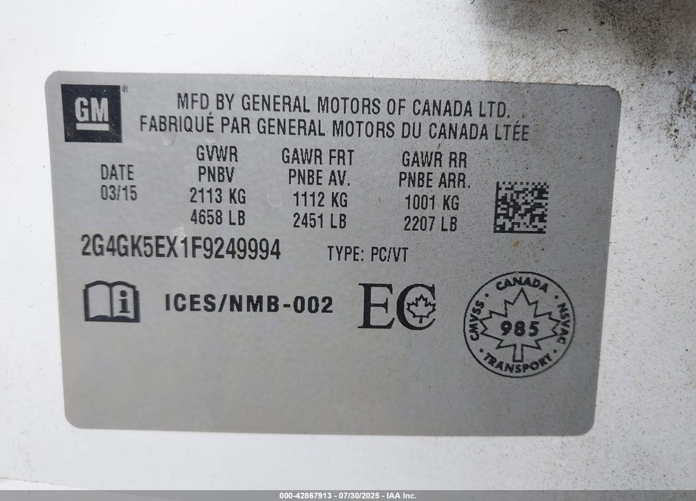 2015 BUICK REGAL VIN: 2G4GK5EX1F9249994