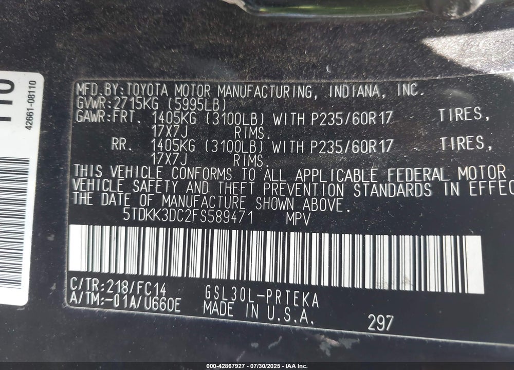 2015 TOYOTA SIENNA LE 8 PASSENGER VIN: 5TDKK3DC2FS589471