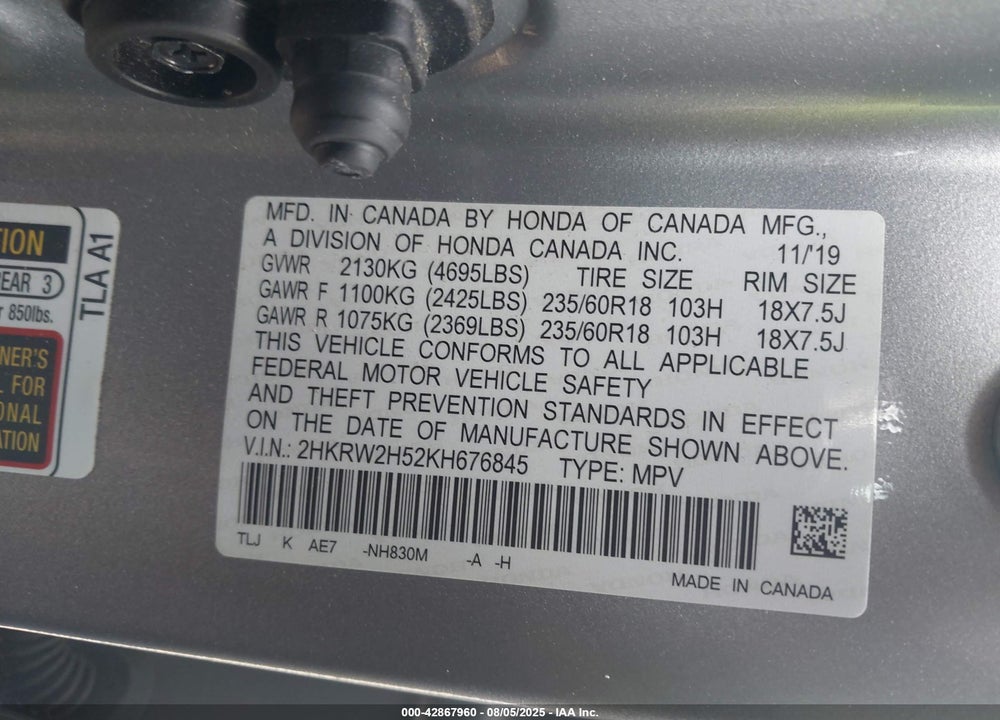 2019 HONDA CR-V VIN: 2HKRW2H52KH676845