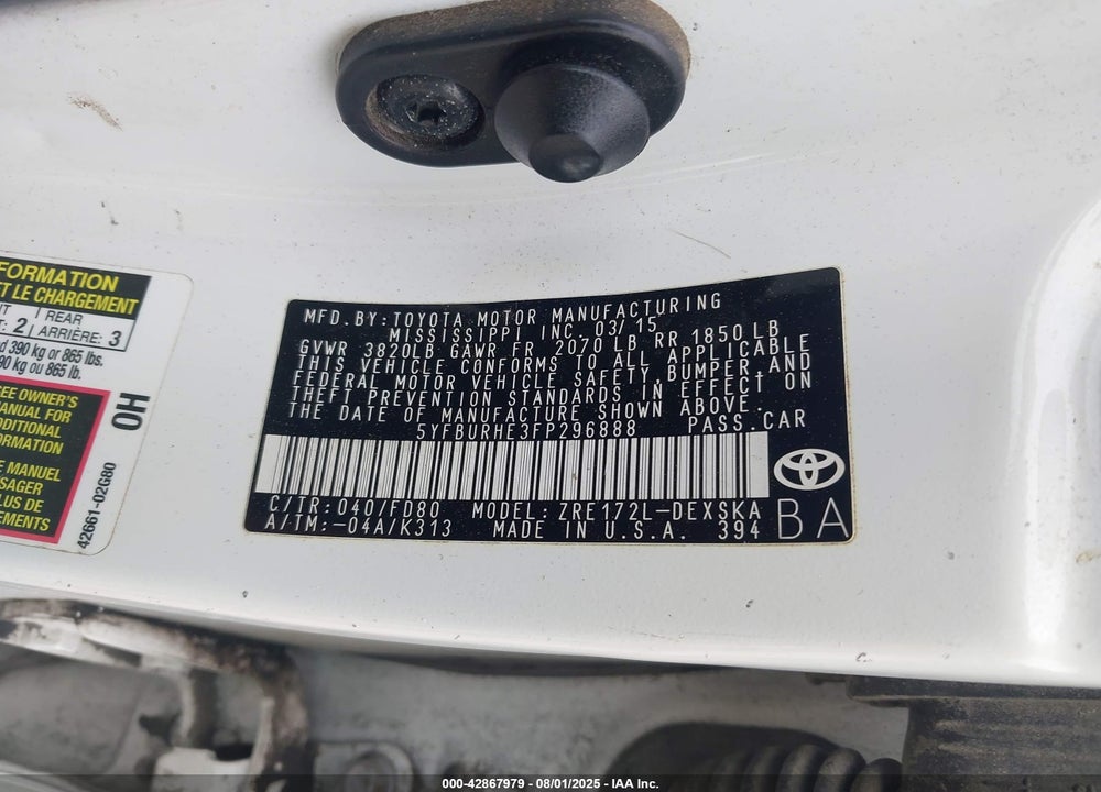 2015 TOYOTA COROLLA VIN: 5YFBURHE3FP296888