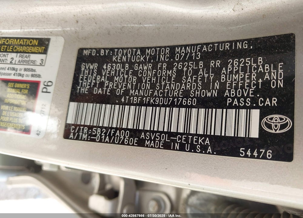 2013 TOYOTA CAMRY L VIN: 4T1BF1FK9DU717660