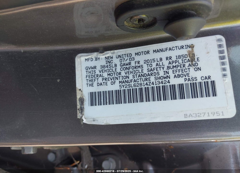 2004 PONTIAC VIBE VIN: 5Y2SL62814Z413424
