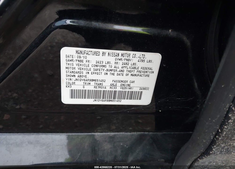 2011 INFINITI G25 VIN: JN1DV6AR9BM651452