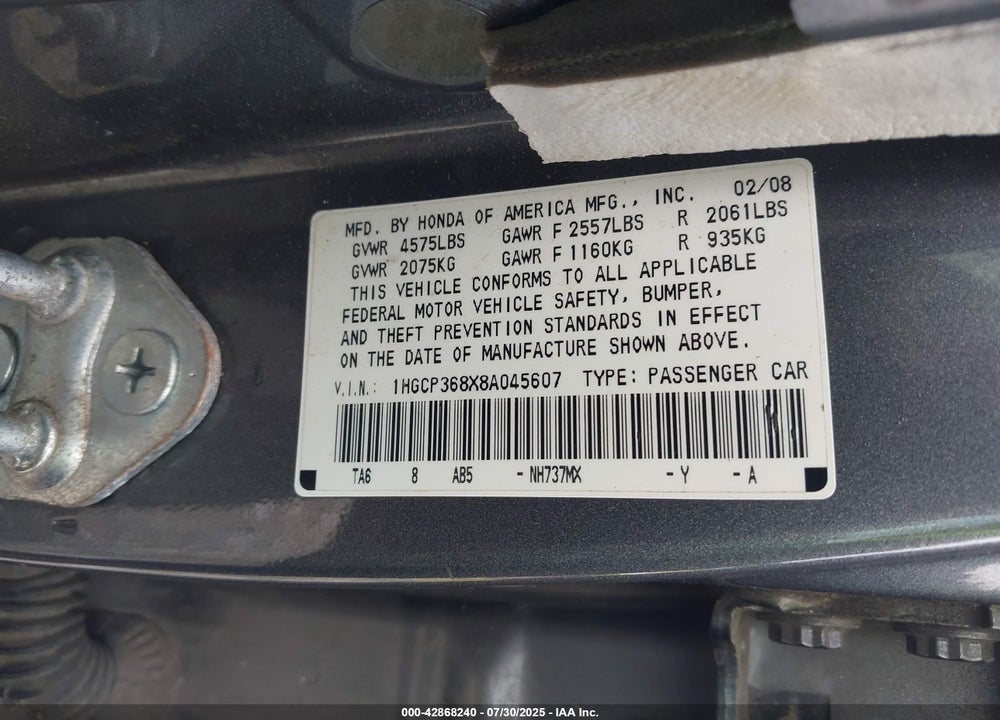 2008 HONDA ACCORD 3.5 EX-L VIN: 1HGCP368X8A045607
