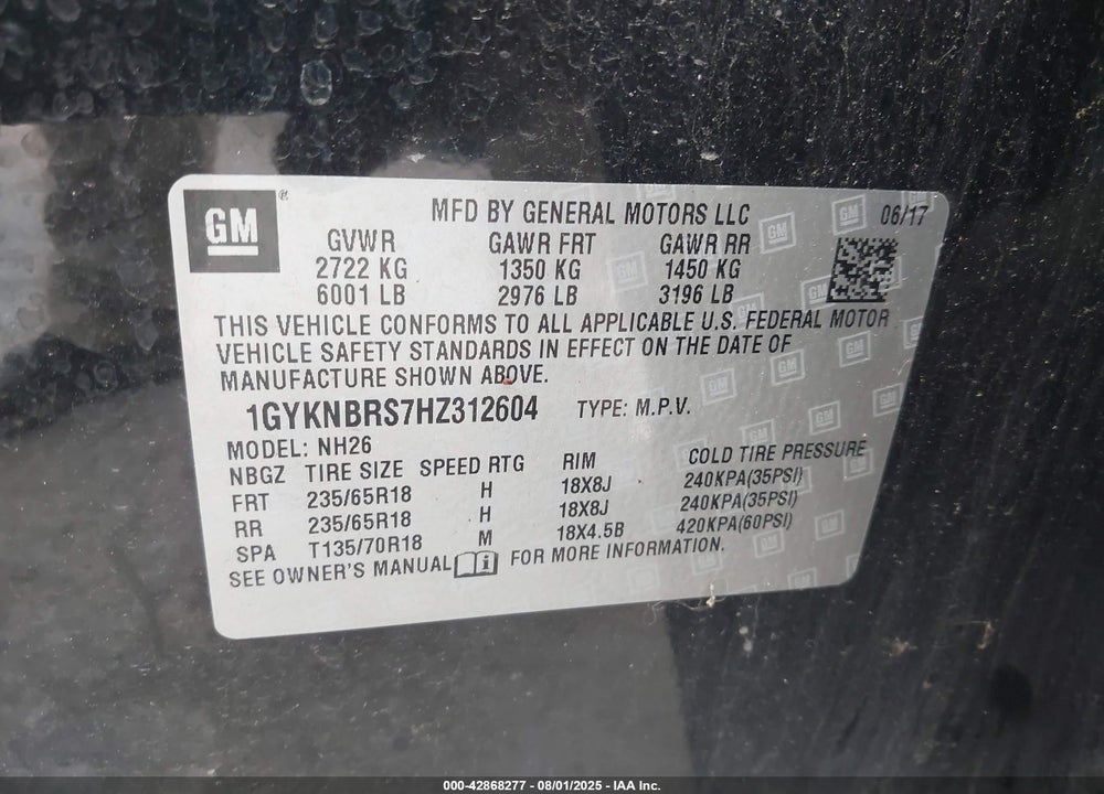 2017 CADILLAC XT5 VIN: 1GYKNBRS7HZ312604