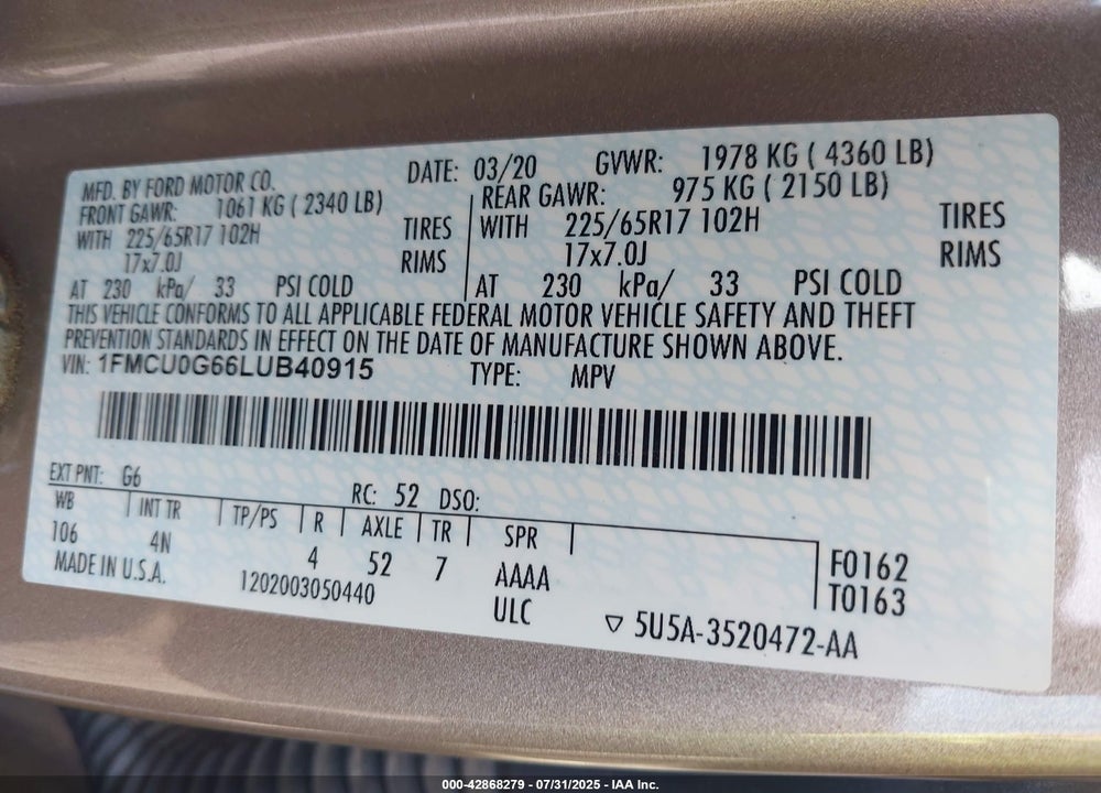 2020 FORD ESCAPE VIN: 1FMCU0G66LUB40915