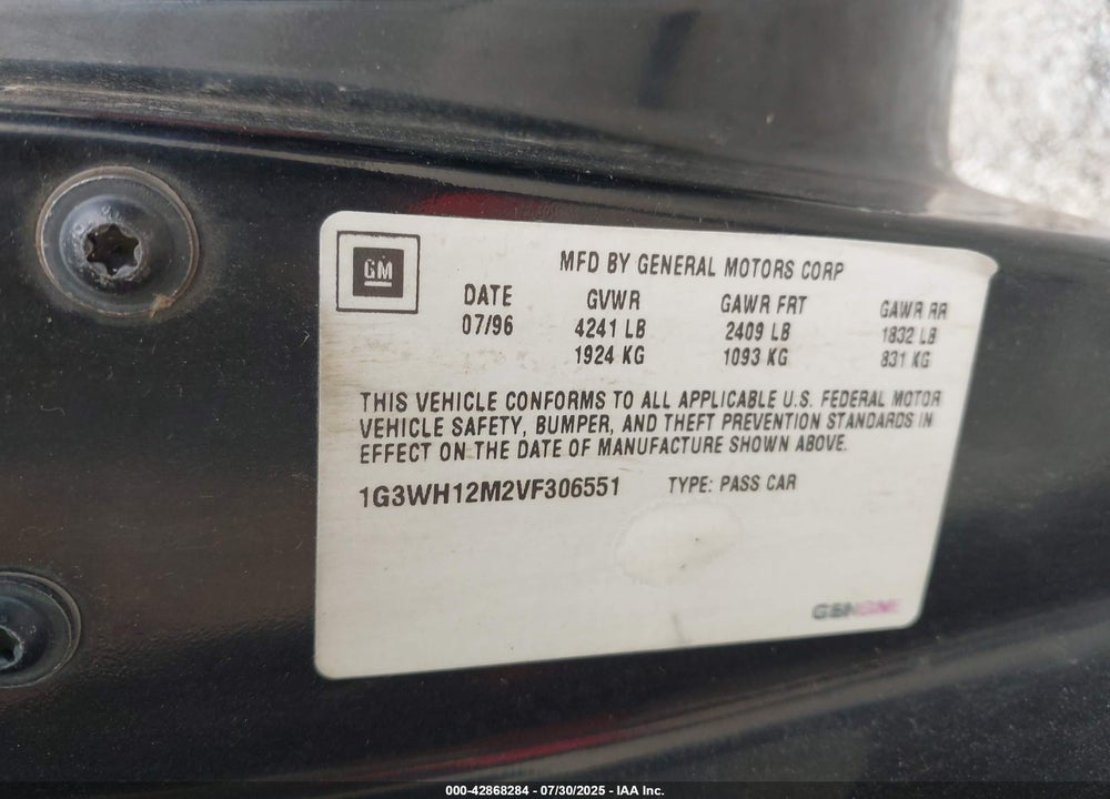 1997 OLDSMOBILE CUTLASS SUPREME SERIES II VIN: 1G3WH12M2VF306551