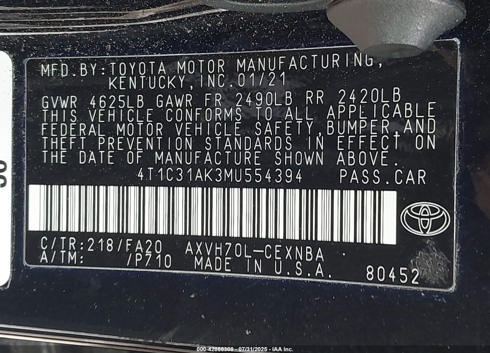 2021 TOYOTA CAMRY LE HYBRID VIN: 4T1C31AK3MU554394