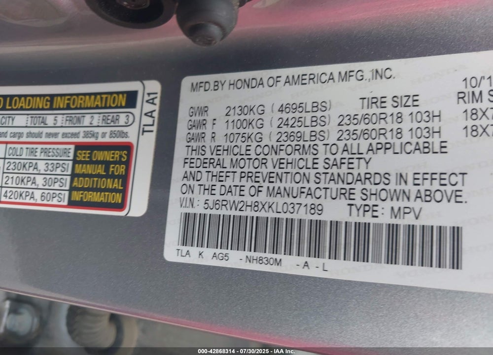 2019 HONDA CR-V VIN: 5J6RW2H8XKL037189