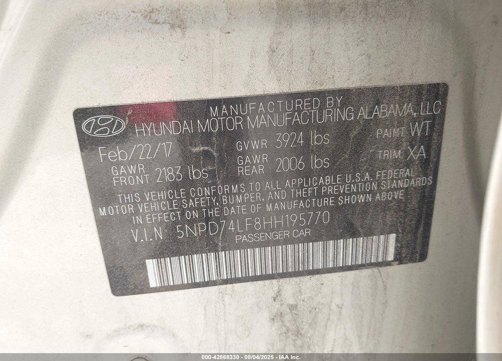 2017 HYUNDAI ELANTRA VIN: 5NPD74LF8HH195770