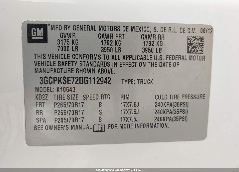 2013 CHEVROLET SILVERADO 1500 LT VIN: 3GCPKSE72DG112942