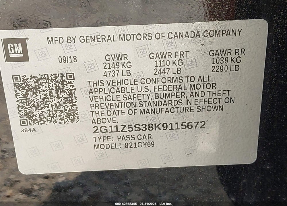 2019 CHEVROLET IMPALA VIN: 2G11Z5S38K9115672