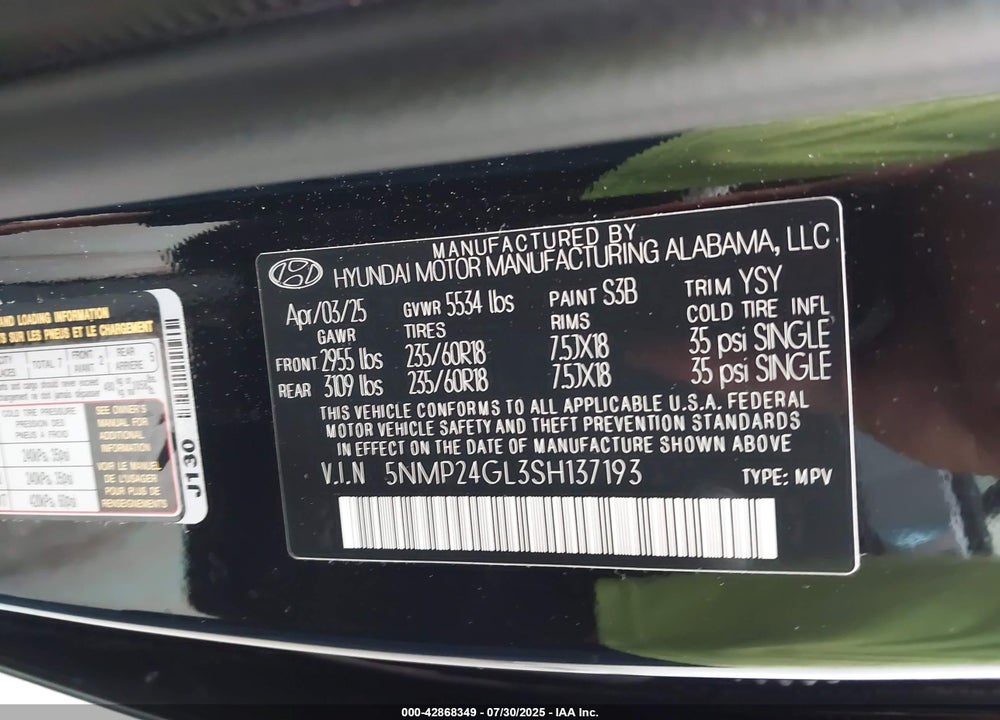 2025 HYUNDAI SANTA FE VIN: 5NMP24GL3SH137193