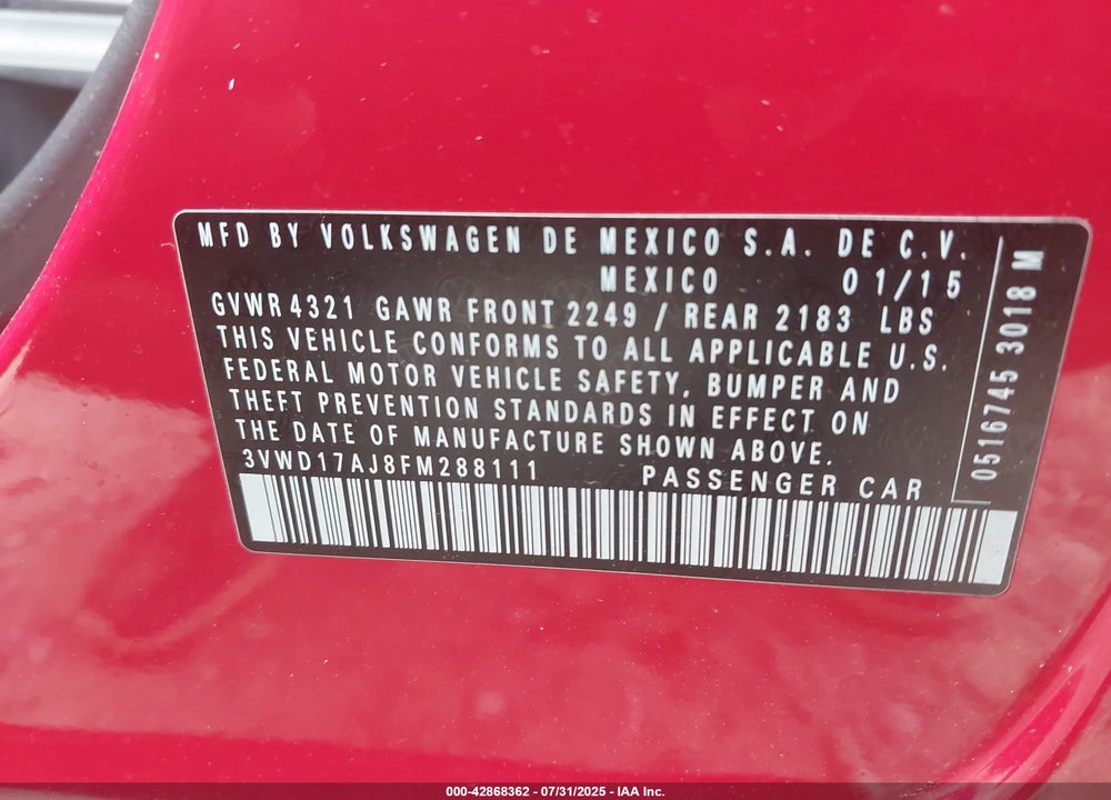2015 VOLKSWAGEN JETTA VIN: 3VWD17AJ8FM288111