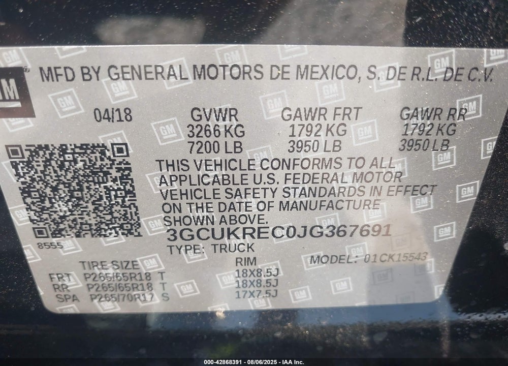 2018 CHEVROLET SILVERADO VIN: 3GCUKREC0JG367691