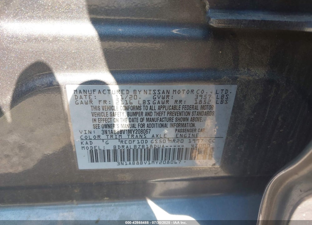 2021 NISSAN SENTRA VIN: 3N1AB8BV1MY208067