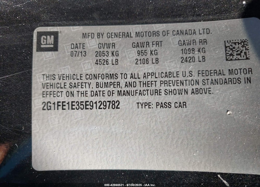 2014 CHEVROLET CAMARO VIN: 2G1FE1E35E9129782
