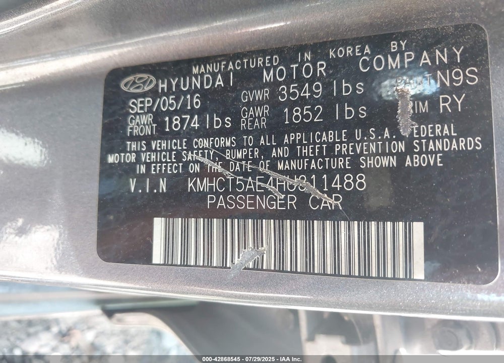 2017 HYUNDAI ACCENT VIN: KMHCT5AE4HU311488