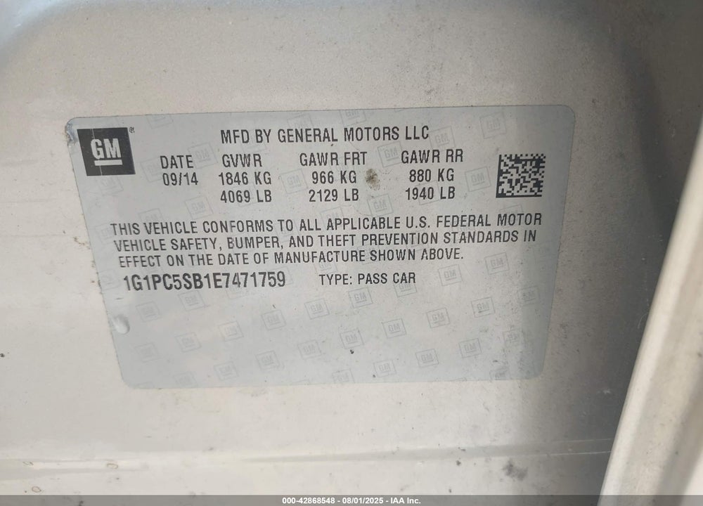 2014 CHEVROLET CRUZE VIN: 1G1PC5SB1E7471759