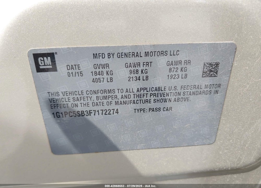 2015 CHEVROLET CRUZE VIN: 1G1PC5SB3F7172274
