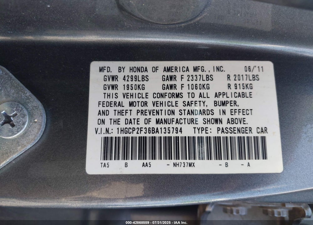 2011 HONDA ACCORD 2.4 LX VIN: 1HGCP2F36BA135794