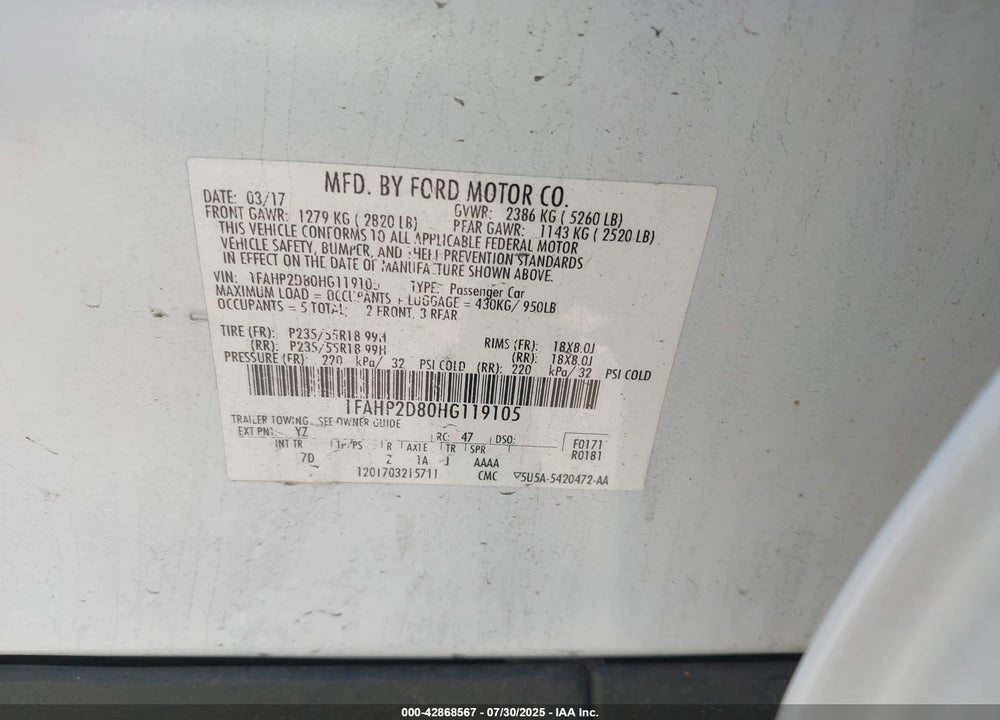 2017 FORD TAURUS VIN: 1FAHP2D80HG119105
