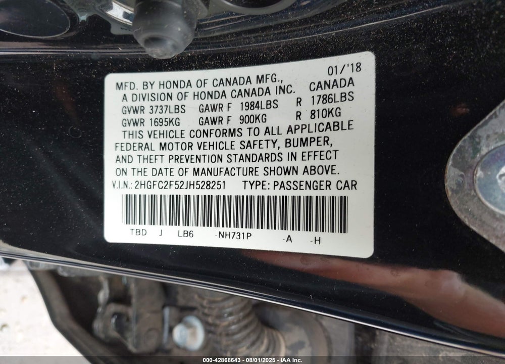 2018 HONDA CIVIC LX VIN: 2HGFC2F52JH528251