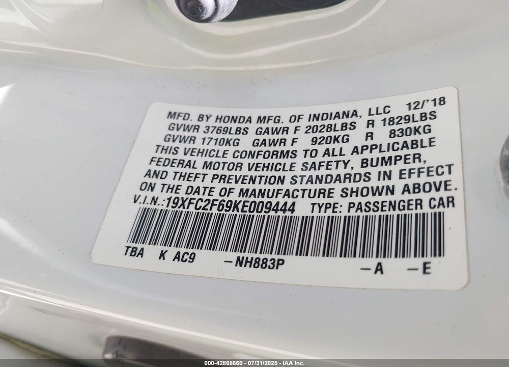 2019 HONDA CIVIC LX VIN: 19XFC2F69KE009444