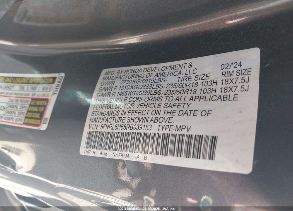 2024 HONDA ODYSSEY EX-L VIN: 5FNRL6H68RB039153