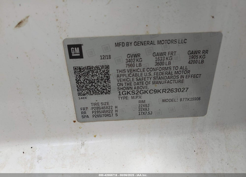 2019 GMC YUKON XL VIN: 1GKS2GKC9KR263027