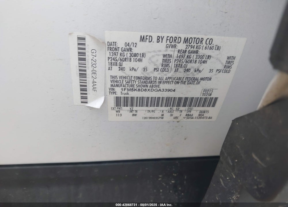 2013 FORD EXPLORER VIN: 1FM5K8D8XDGA33904