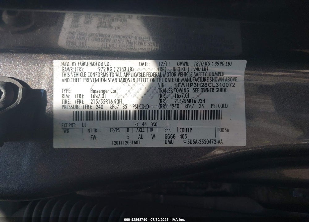 2012 FORD FOCUS VIN: 1FAHP3H28CL310072