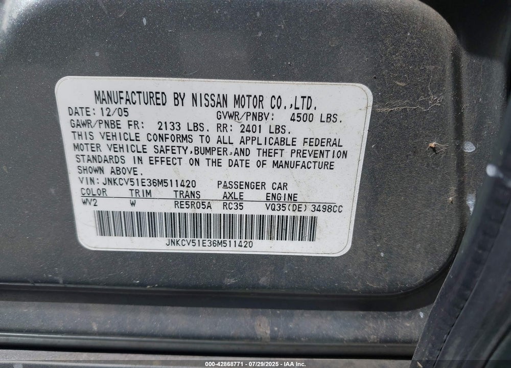 2006 INFINITI G35 VIN: JNKCV51E36M511420