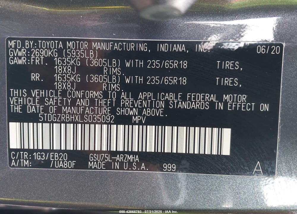 2020 TOYOTA HIGHLANDER VIN: 5TDGZRBHXLS035092