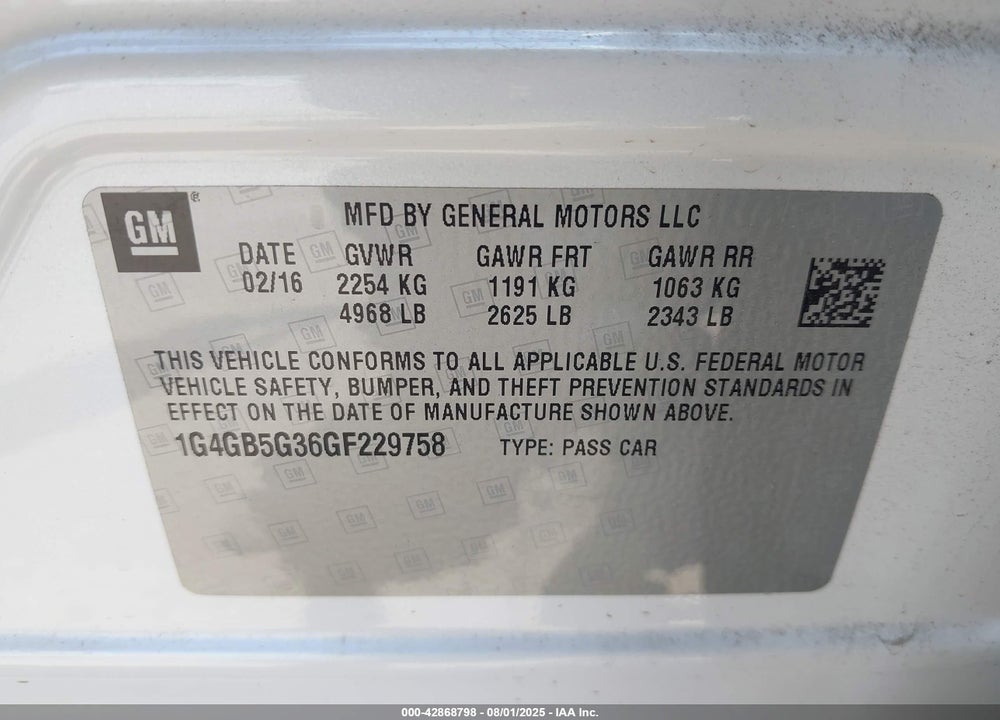 2016 BUICK LACROSSE VIN: 1G4GB5G36GF229758