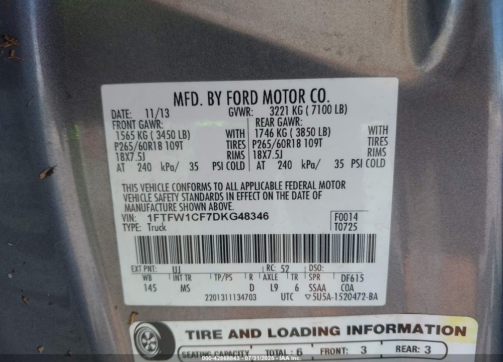 2013 FORD F-150 VIN: 1FTFW1CF7DKG48346