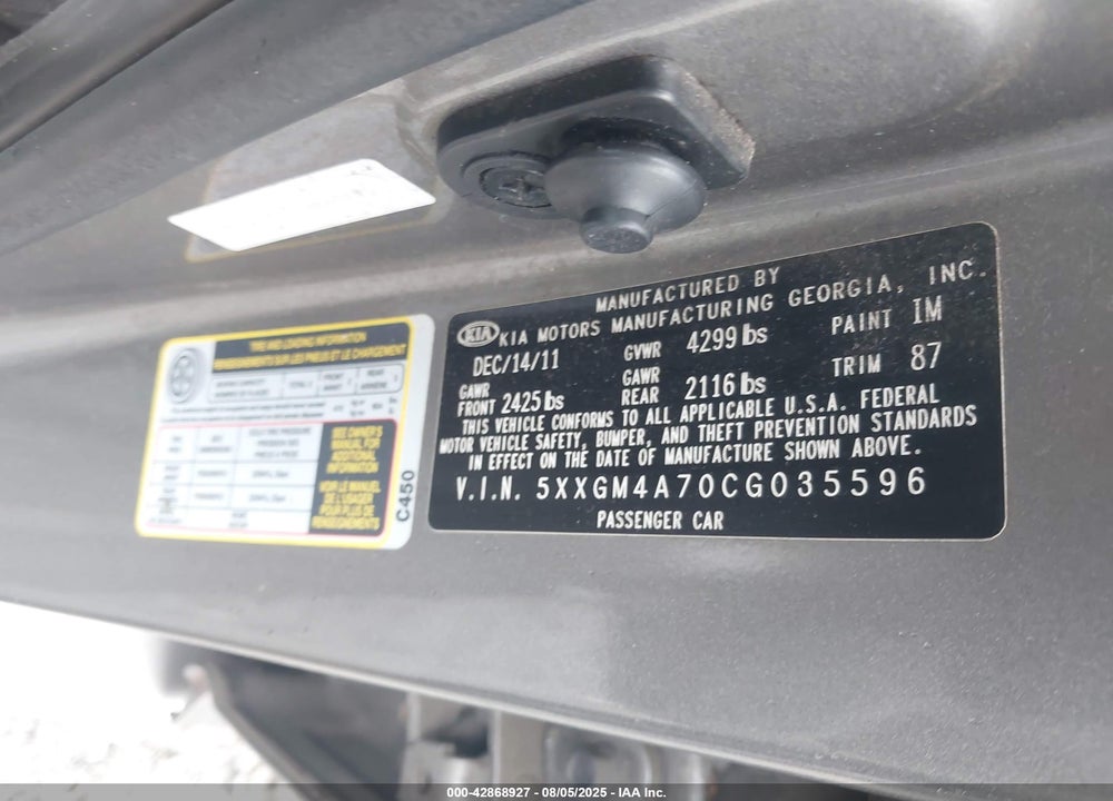 2012 KIA OPTIMA VIN: 5XXGM4A70CG035596