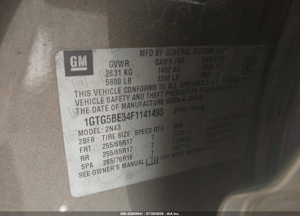 2015 GMC CANYON VIN: 1GTG5BE34F1141493