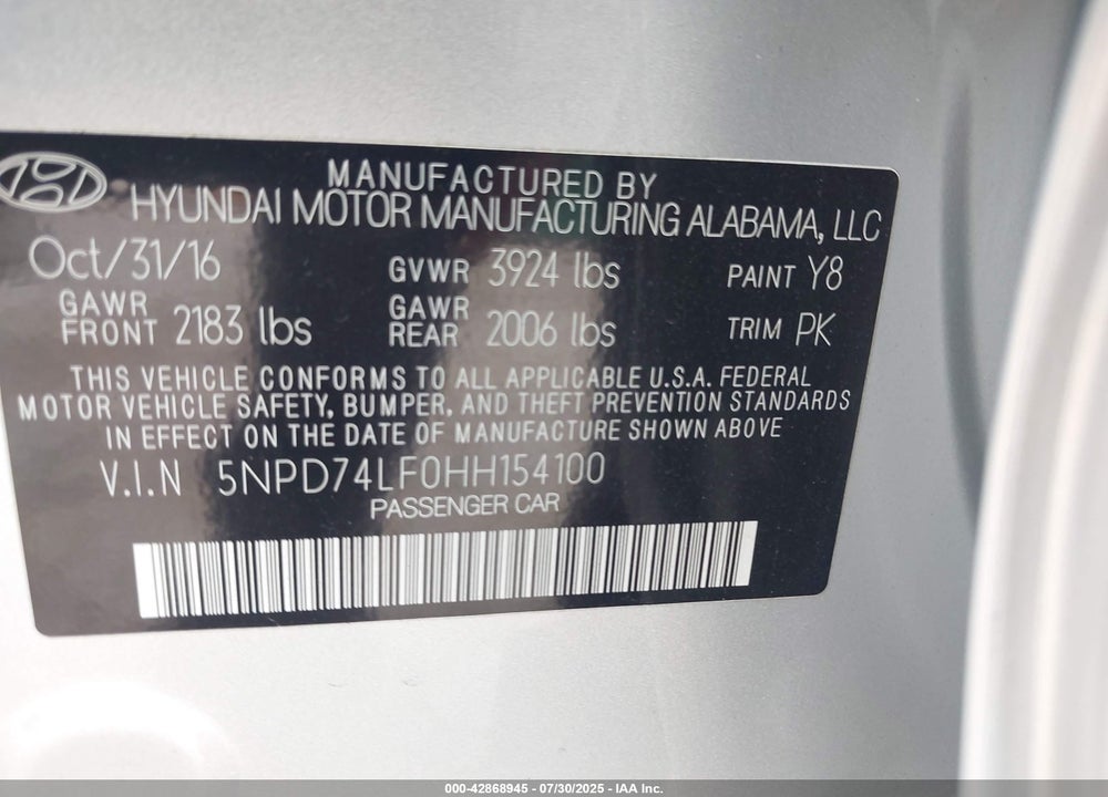 2017 HYUNDAI ELANTRA SE VIN: 5NPD74LF0HH154100
