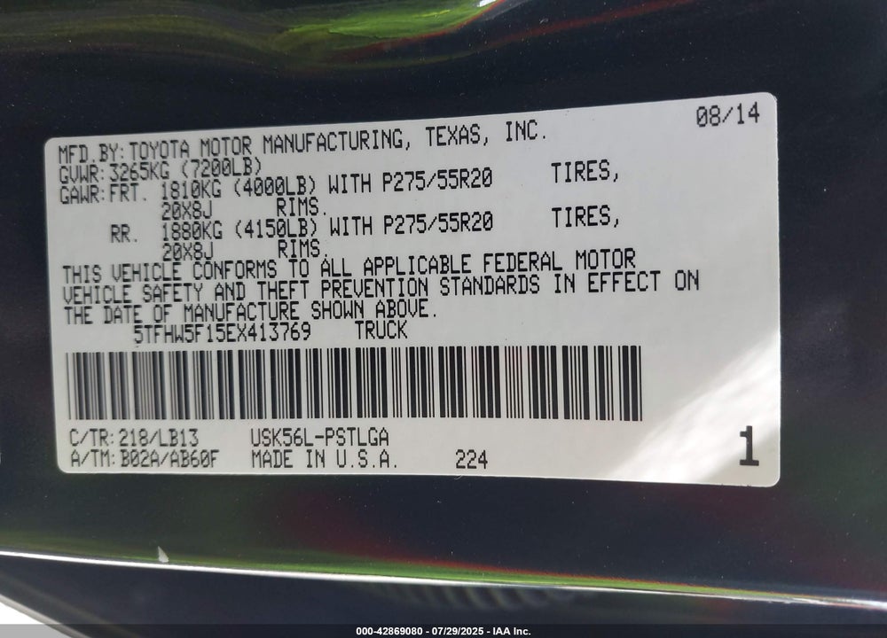 2014 TOYOTA TUNDRA 4WD TRUCK VIN: 5TFHW5F15EX413769